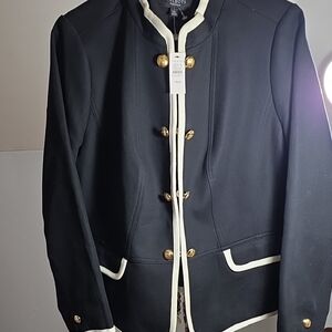 Talbots Black Pea Coat with White Trim and Gold Buttons